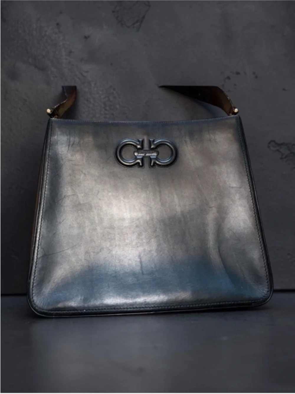 Salvatore Ferragamo Vintage Black Leather Messenger Bag with Gancini Detail